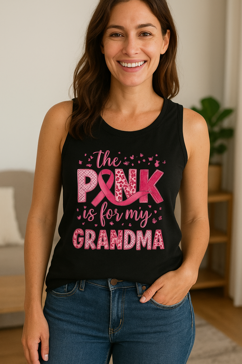 Pink cancer awareness tank top featuring a heartfelt design for grandma.