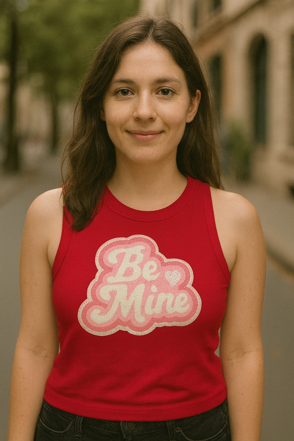 Woman wearing a stylish patch tank top with 'Be Mine' graphic design in red.